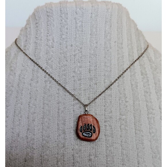 Vintage Natural Stone Bear Paw Pendant Necklace 18 in Silvertone Chain - Picture 8 of 11